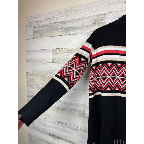 Iris Women’s M Black Orange Boho Long Sleeve Fringe Cardigan Sweater Soft Cozy - Picture 3 of 6